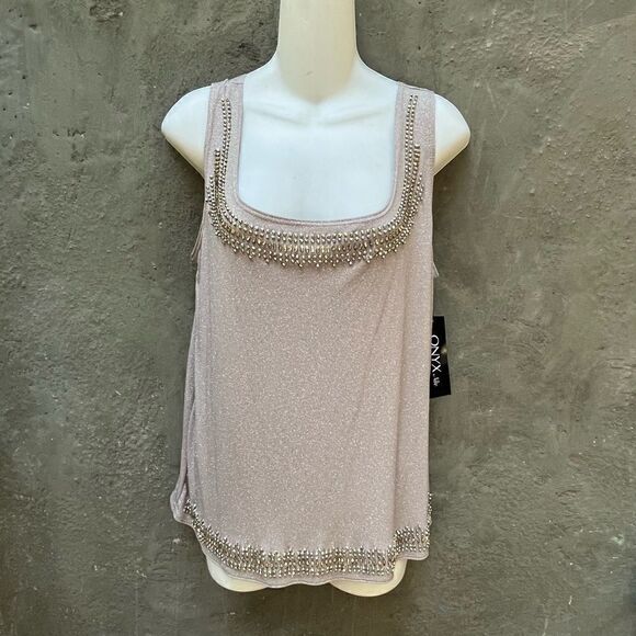 ONYX NITE SHIMMERY SEQUIN STUDDED EMBELLISHED TANK TOP CHAMPAGNE TAUPE L LARGE - Picture 1 of 15